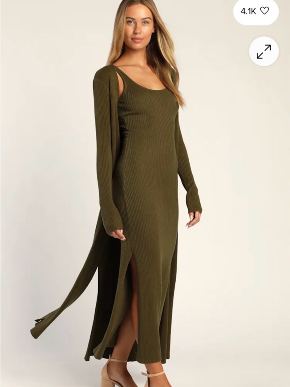 Lulu's Olive Green Ribbed Long Sleeve Maxi Dress